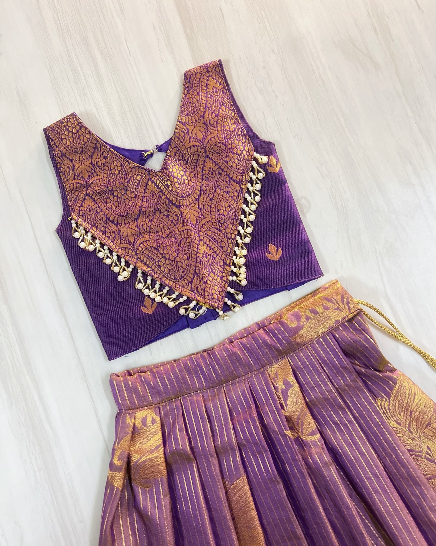 Luxury Purple With Striped Lavender Premium Pearl Embellished Lehenga Set
