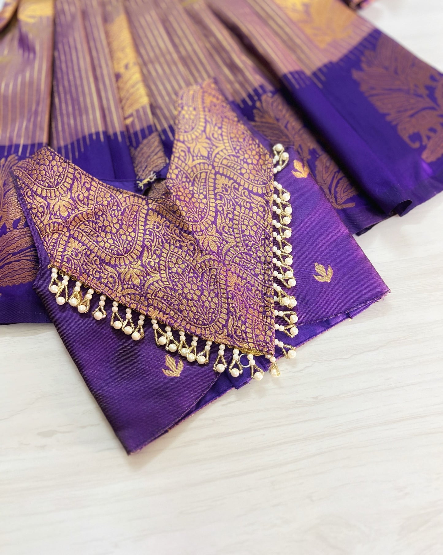 Luxury Purple With Striped Lavender Premium Pearl Embellished Lehenga Set