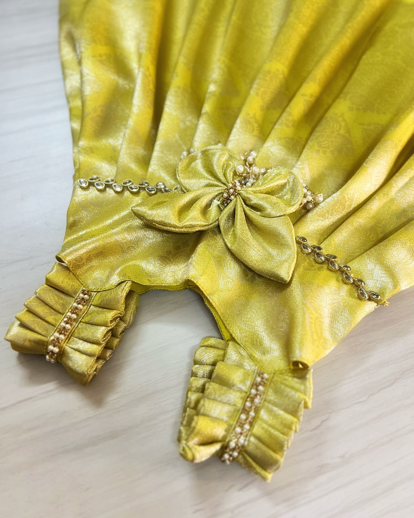 Fresh Lime Meadow Butterfly Pearl Embellished Silk Gown
