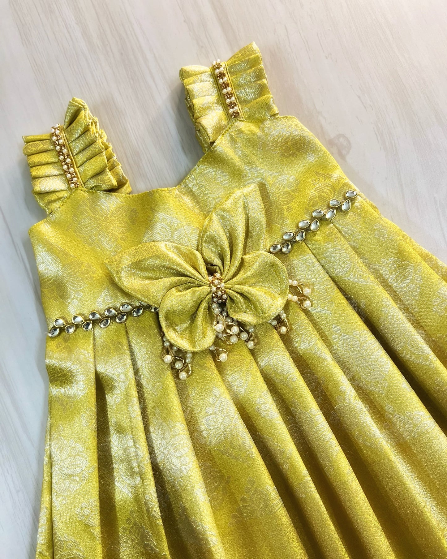 Fresh Lime Meadow Butterfly Pearl Embellished Silk Gown