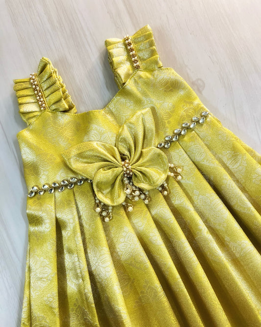 Fresh Lime Meadow Butterfly Pearl Embellished Silk Gown
