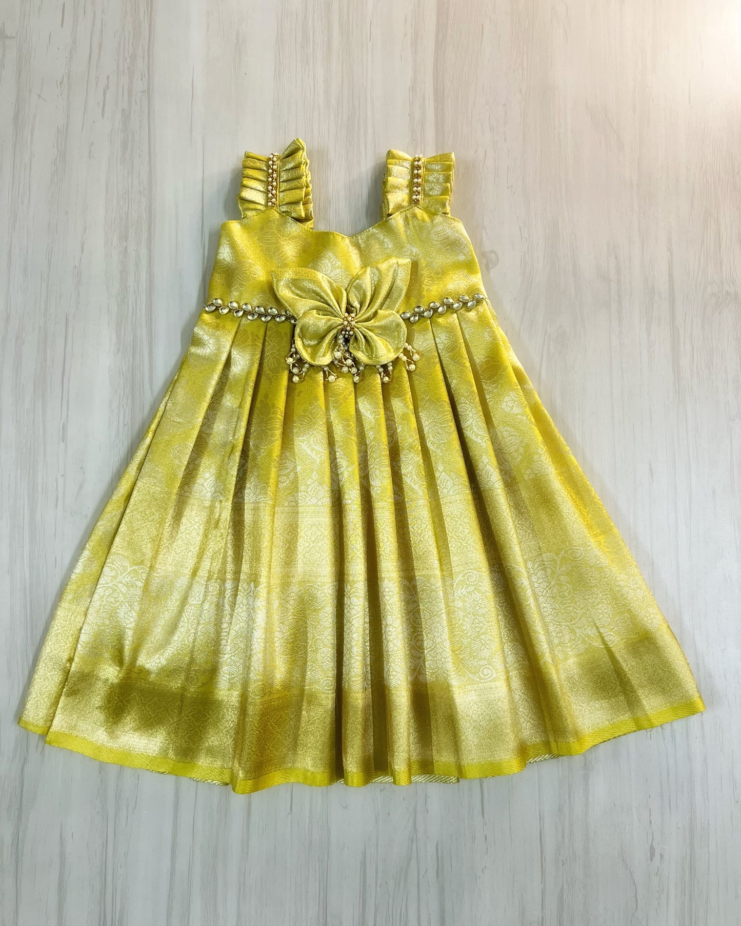 Fresh Lime Meadow Butterfly Pearl Embellished Silk Gown