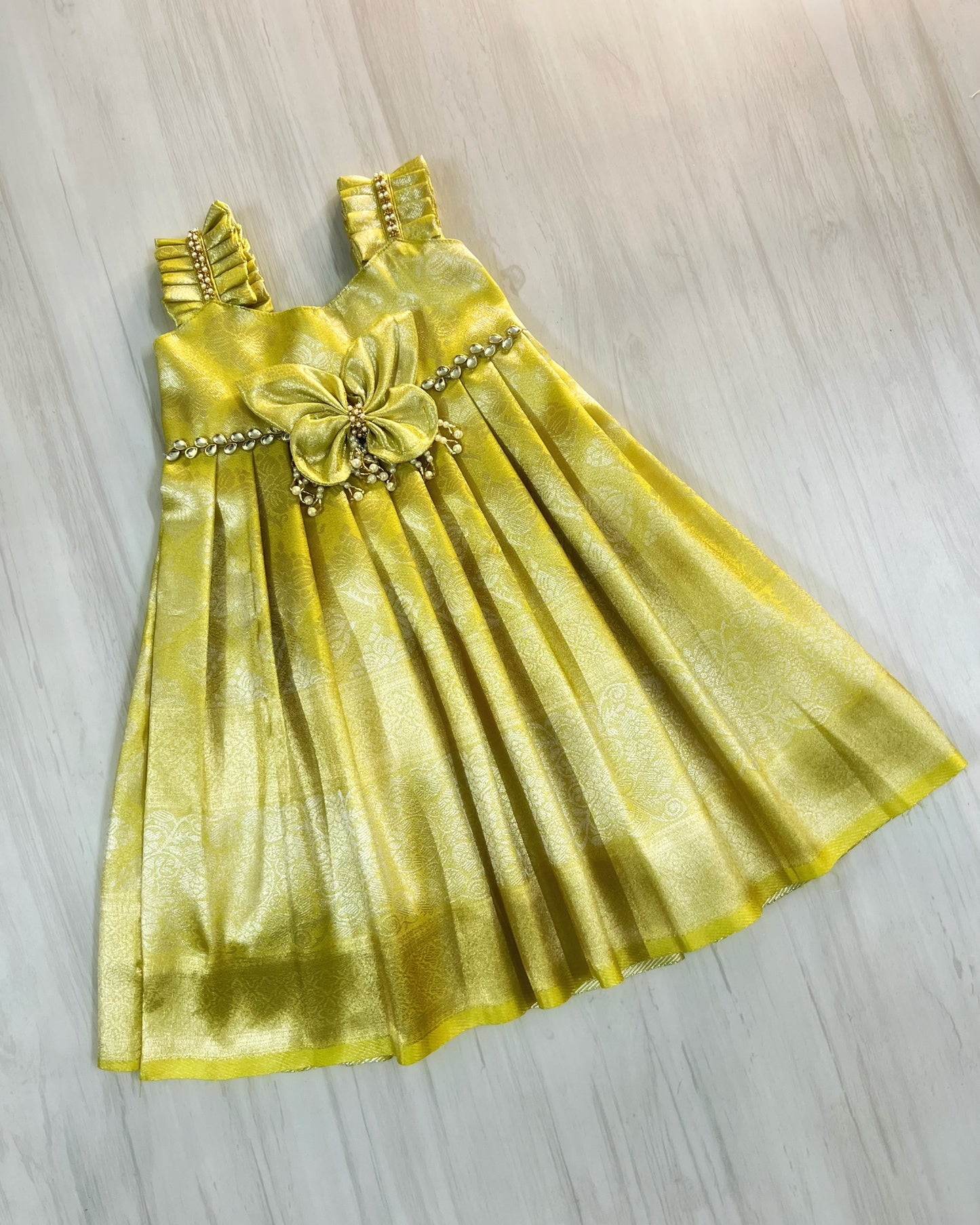 Fresh Lime Meadow Butterfly Pearl Embellished Silk Gown