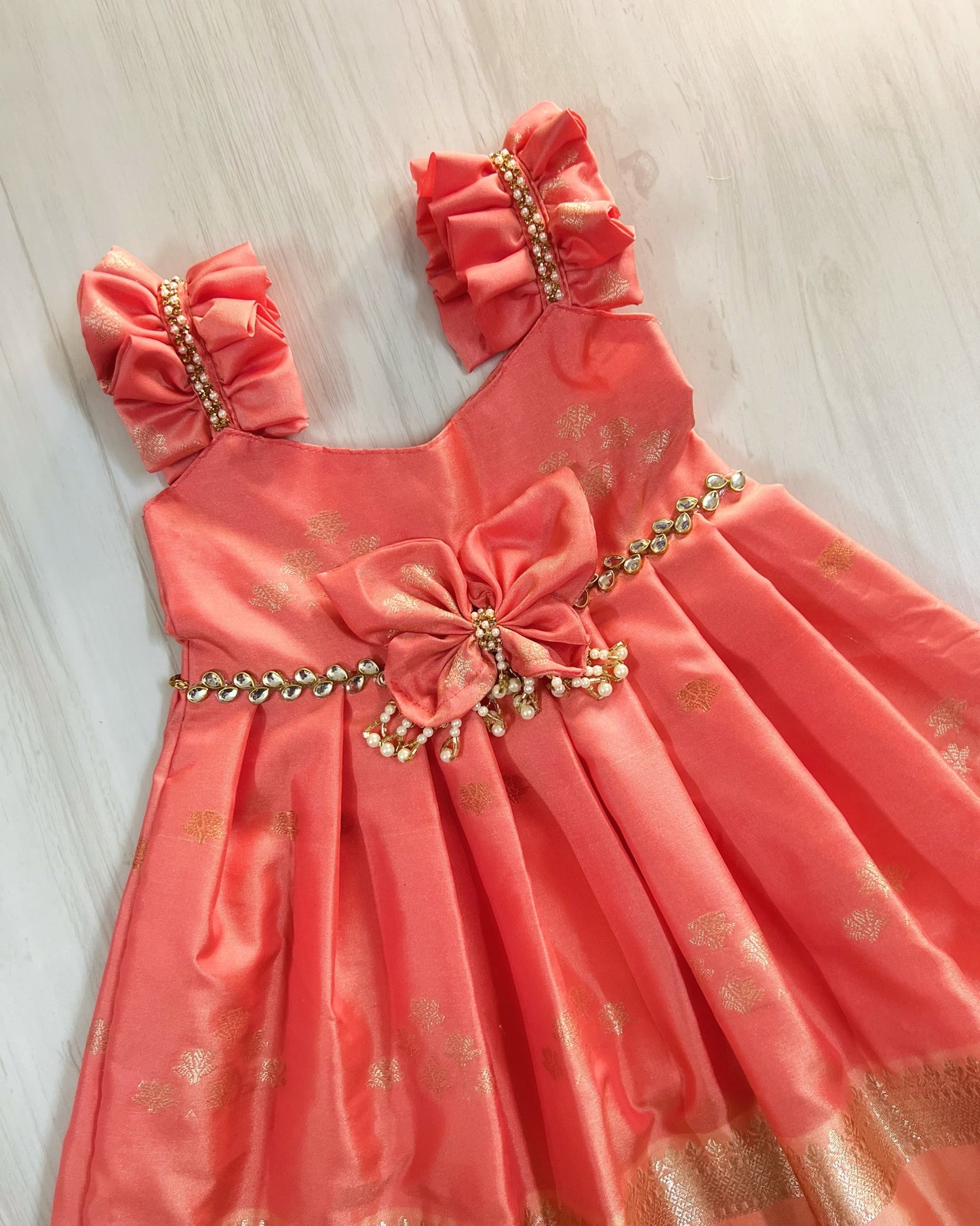 Creamy Peach Butterfly Pearl Embellished Silk Gown