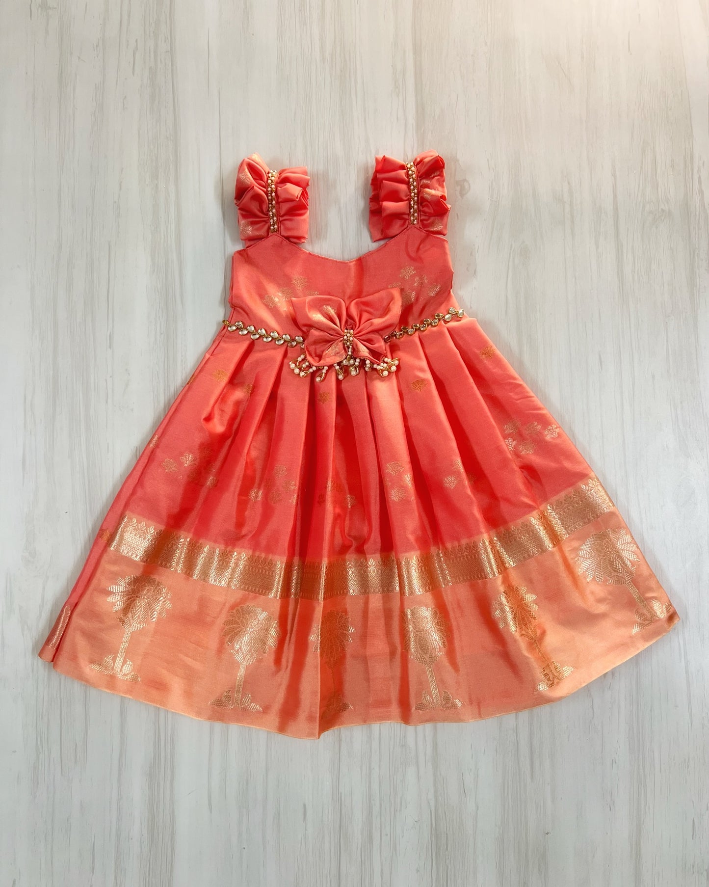 Creamy Peach Butterfly Pearl Embellished Silk Gown