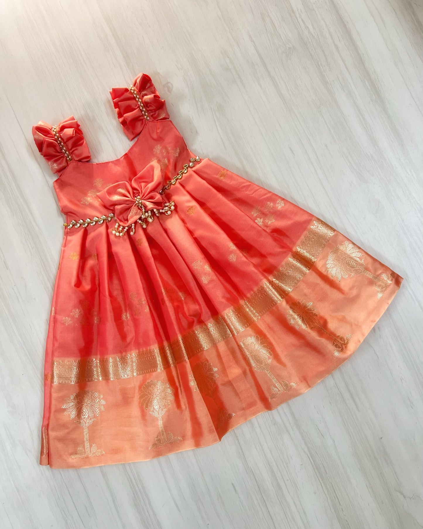 Creamy Peach Butterfly Pearl Embellished Silk Gown