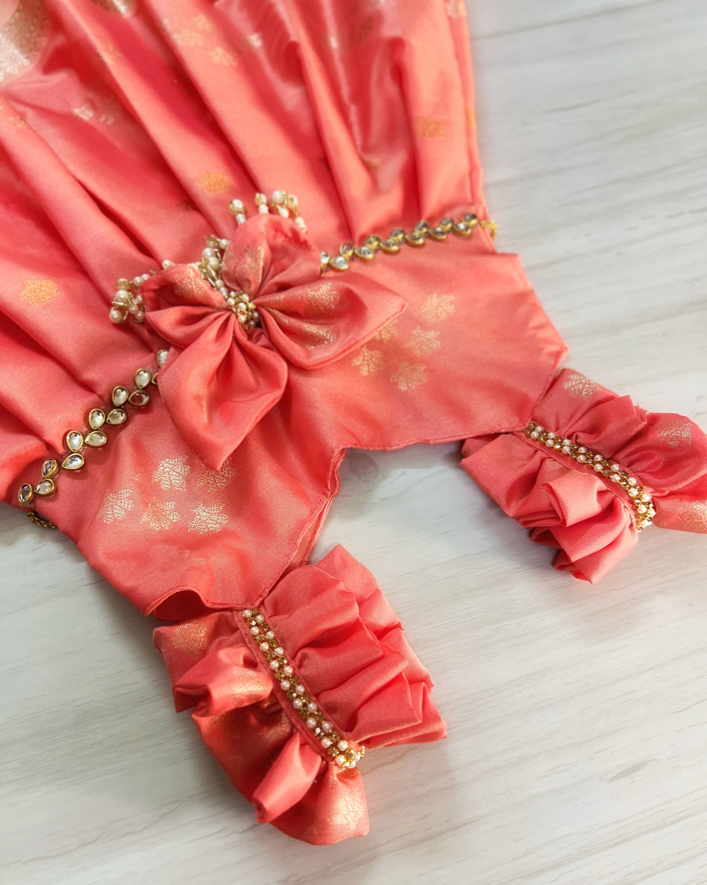 Creamy Peach Butterfly Pearl Embellished Silk Gown