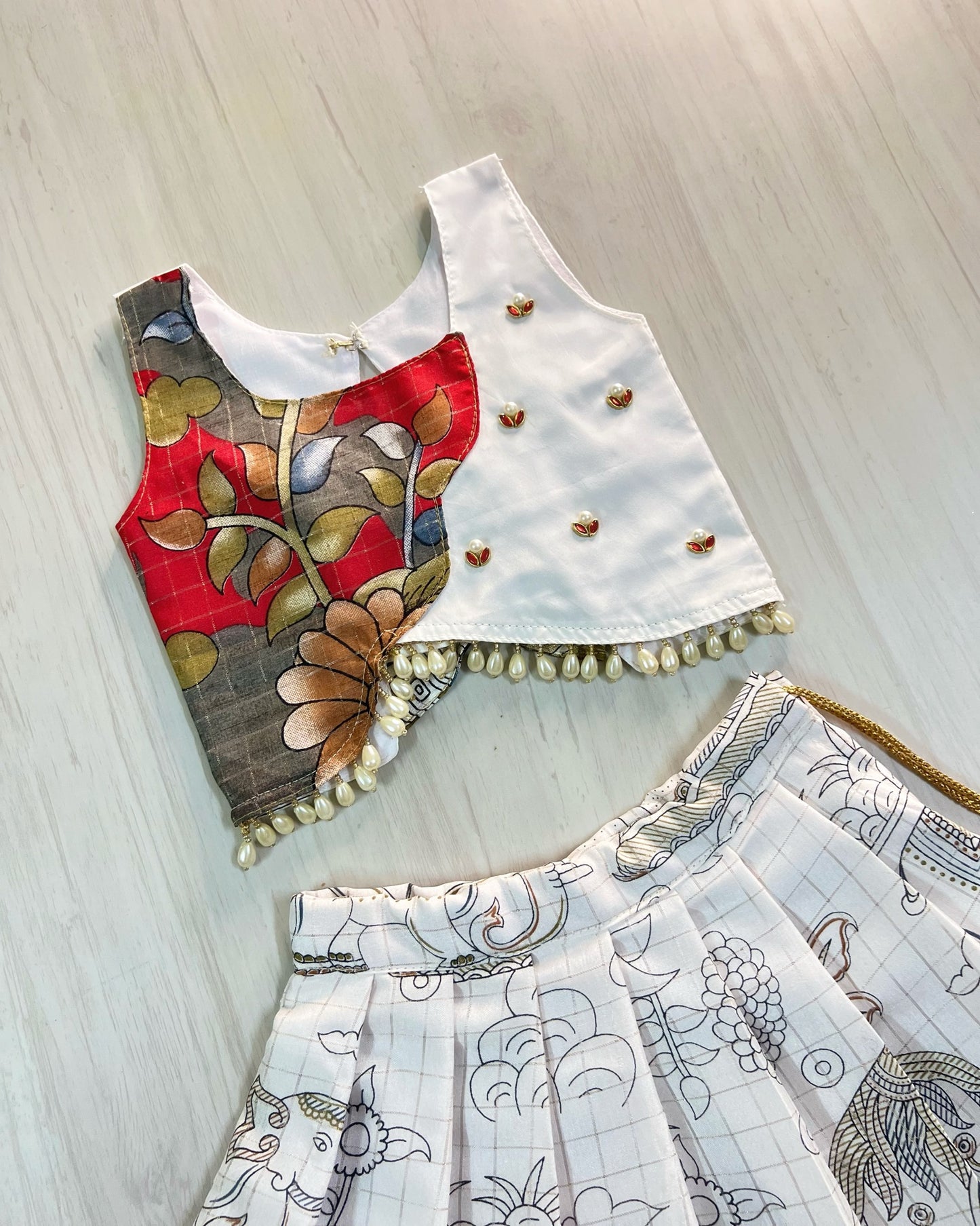 Soft White And Scarlet Red Back Bows Cute Lehenga Set | The Silkberry