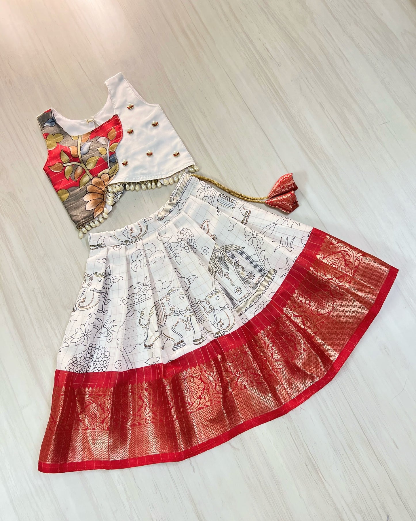 Soft White And Scarlet Red Back Bows Cute Lehenga Set | The Silkberry