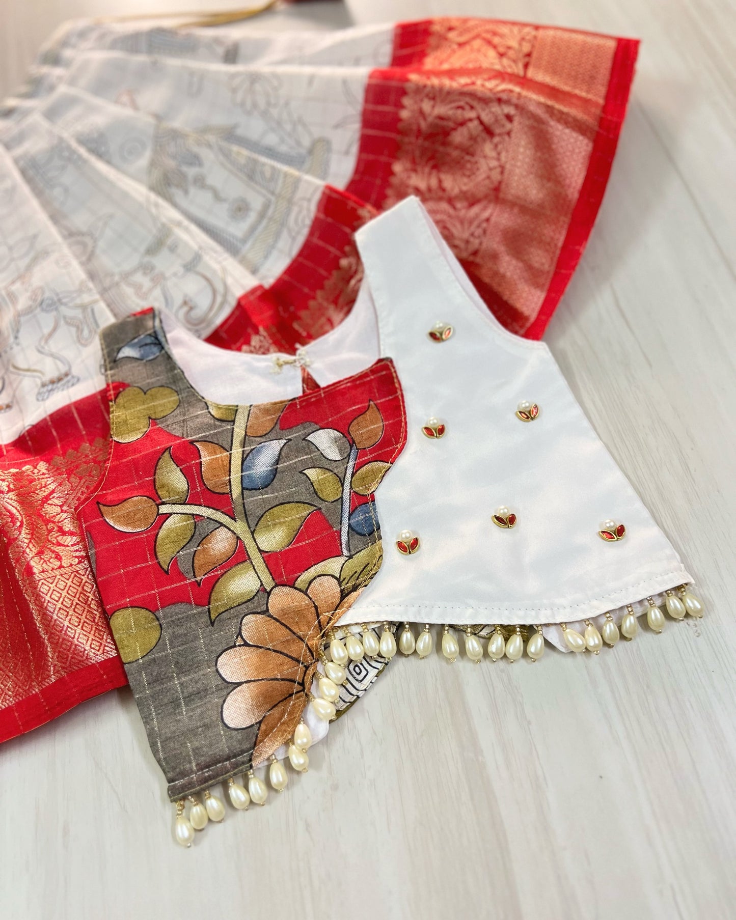 Soft White And Scarlet Red Back Bows Cute Lehenga Set | The Silkberry