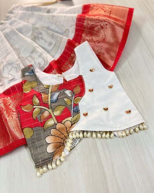 Soft White And Scarlet Red Back Bows Cute Lehenga Set | The Silkberry