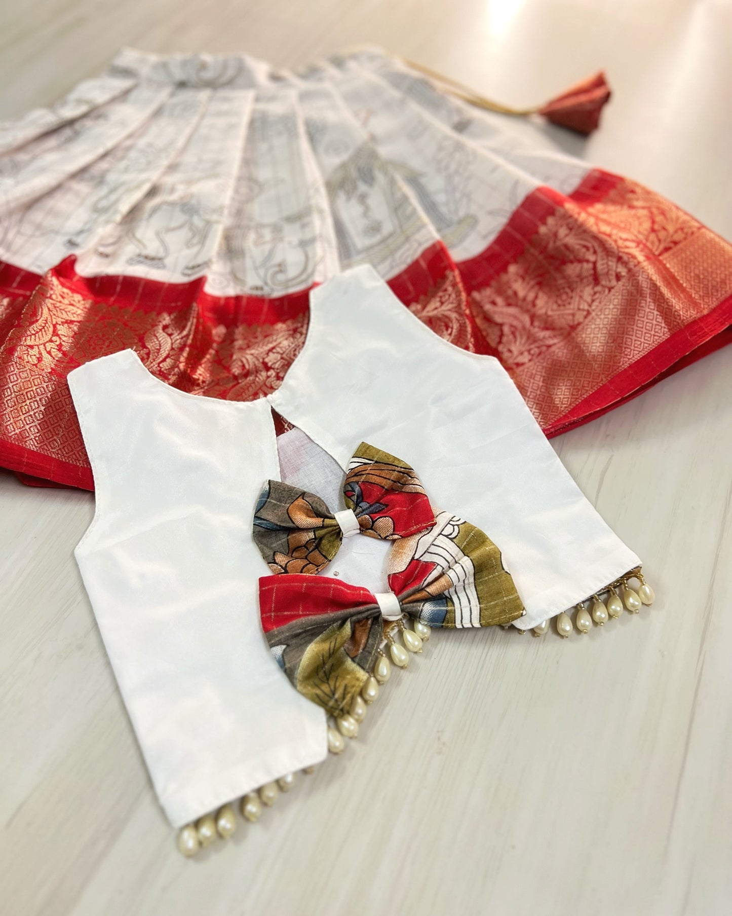 Soft White And Scarlet Red Back Bows Cute Lehenga Set | The Silkberry