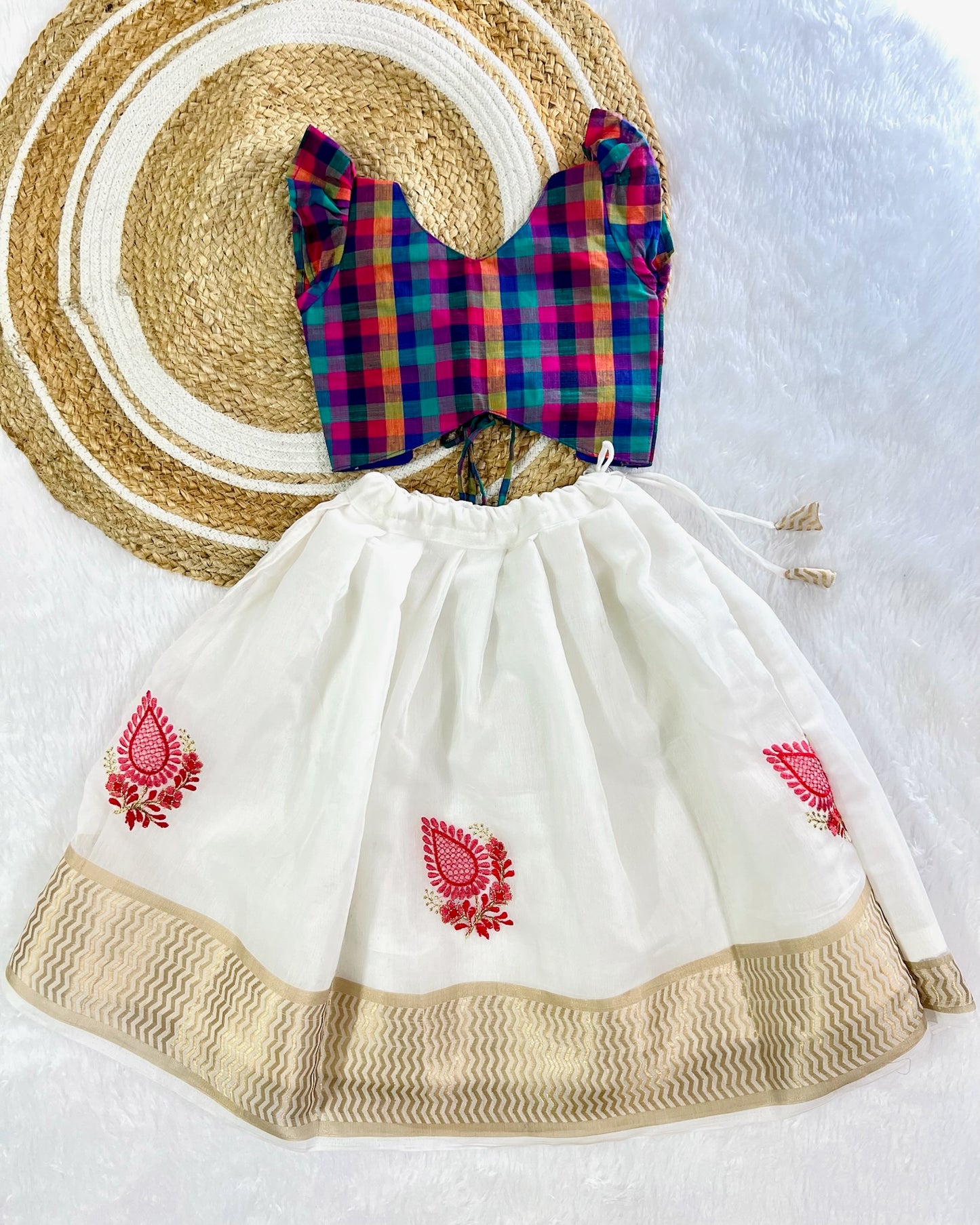 Multicolor cotton top white lehenga