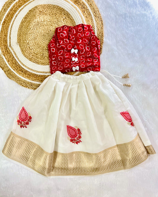 Red bows cotton top white lehenga
