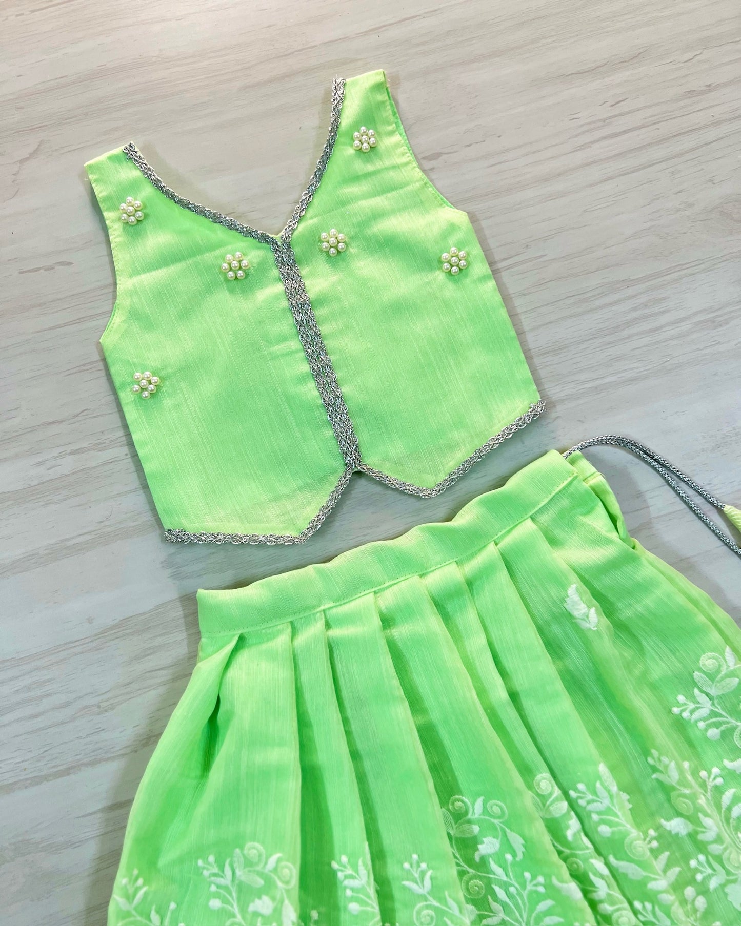 Softest Mint Green Pearl Embellished Lehenga Set | The Silkberry