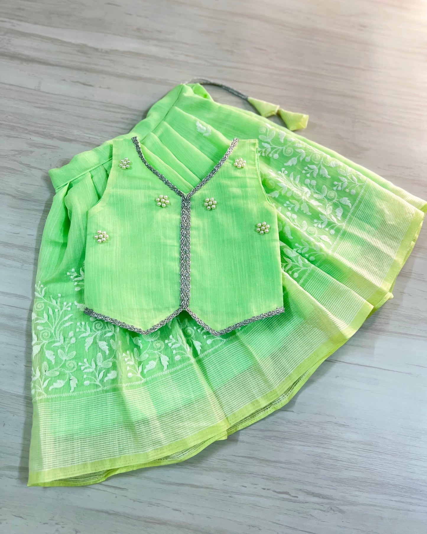 Softest Mint Green Pearl Embellished Lehenga Set | The Silkberry