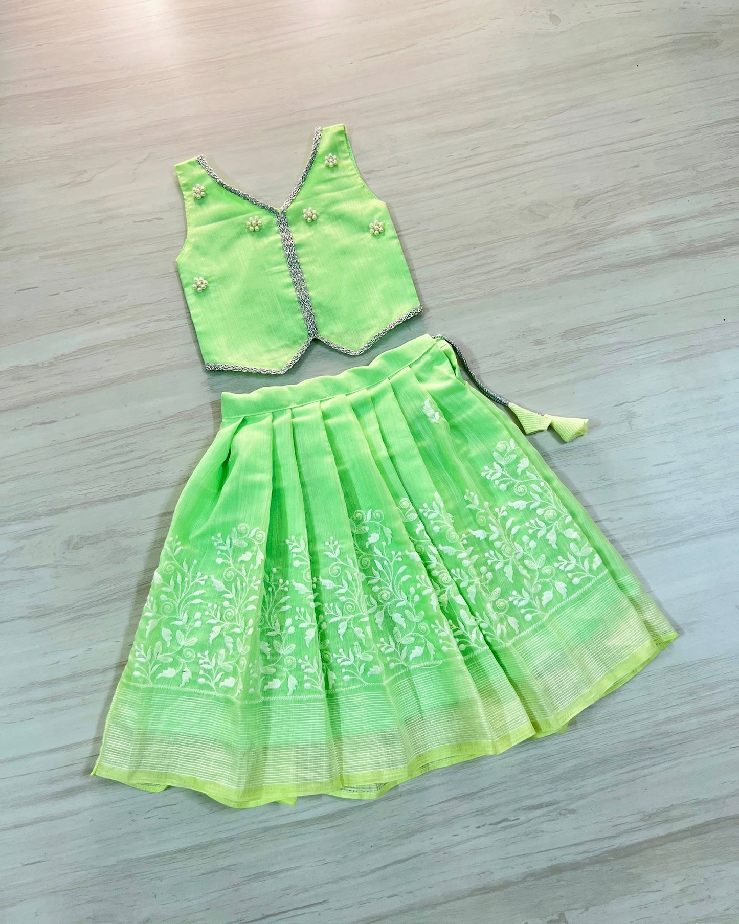Softest Mint Green Pearl Embellished Lehenga Set | The Silkberry