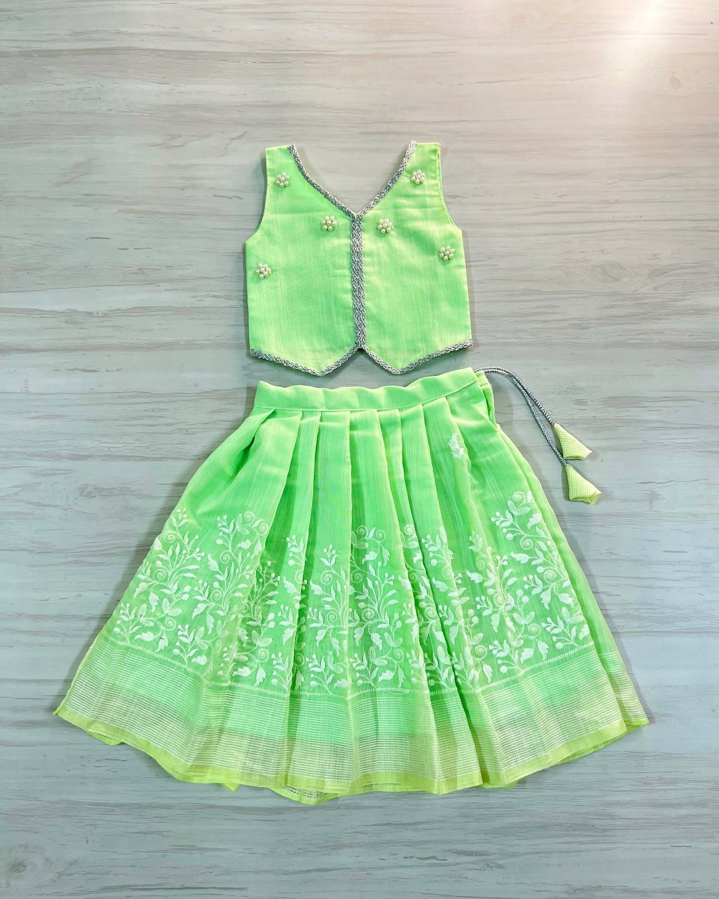 Softest Mint Green Pearl Embellished Lehenga Set | The Silkberry