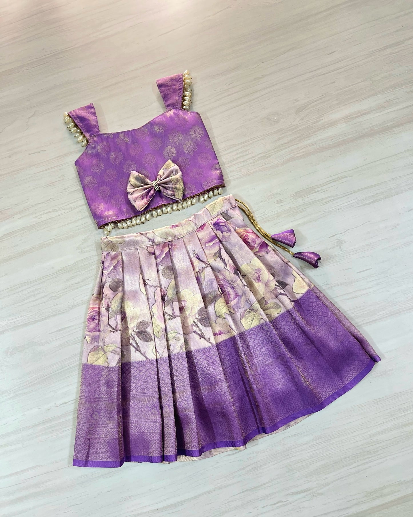 Floral Lavender Twig Pearl Embellished Lehenga Set | The Silkberry