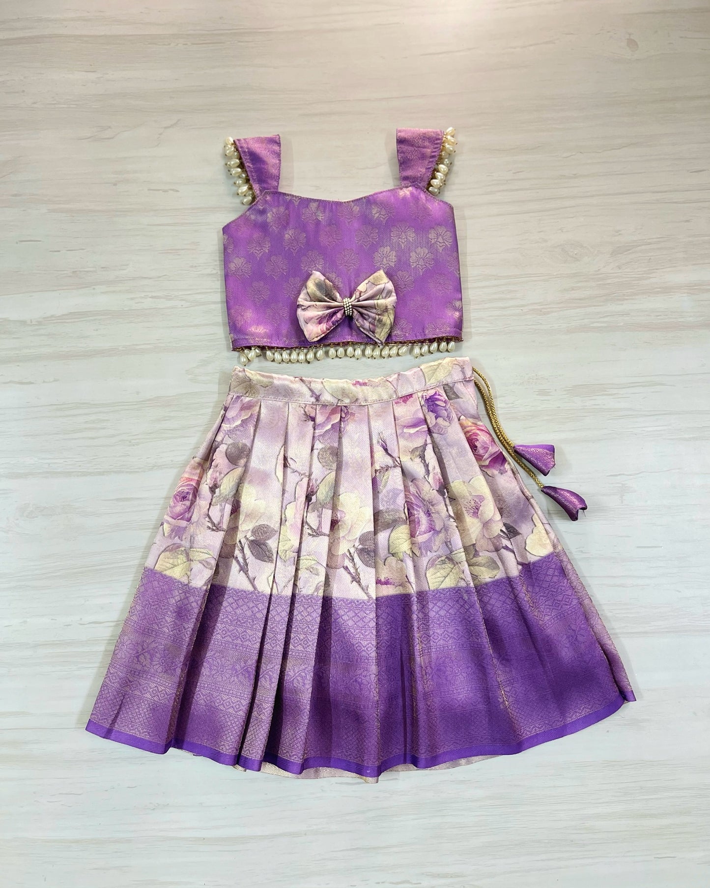 Floral Lavender Twig Pearl Embellished Lehenga Set | The Silkberry