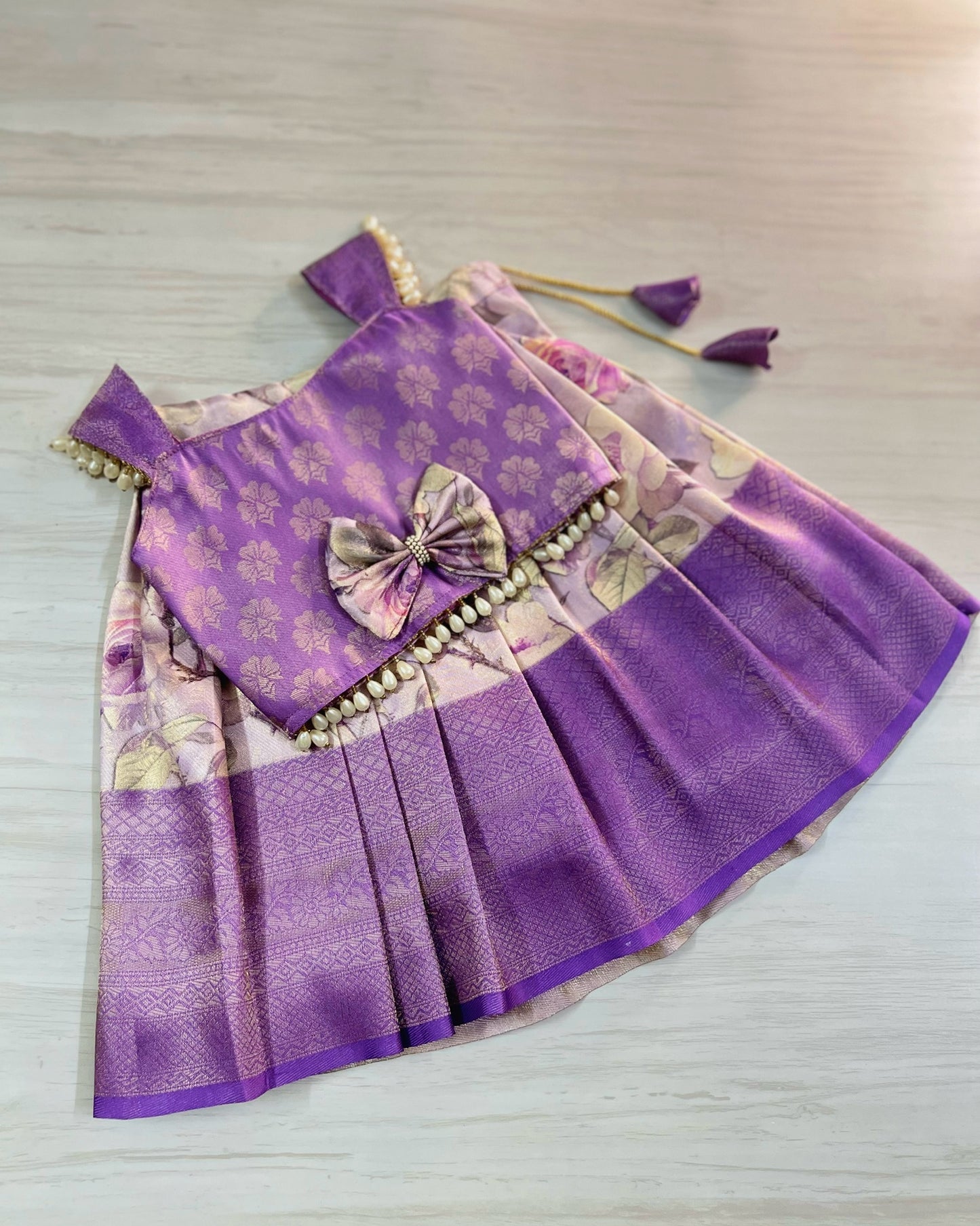 Floral Lavender Twig Pearl Embellished Lehenga Set | The Silkberry