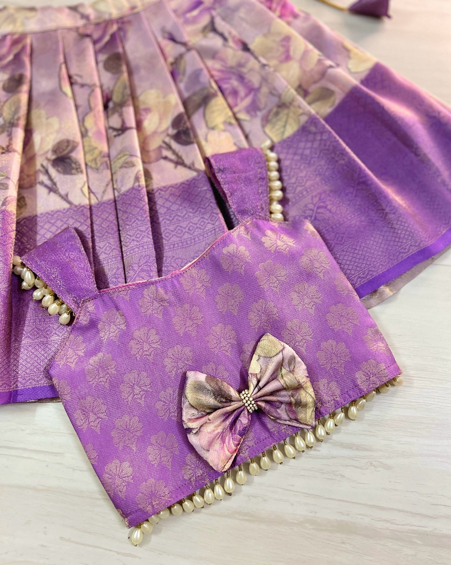 Floral Lavender Twig Pearl Embellished Lehenga Set | The Silkberry