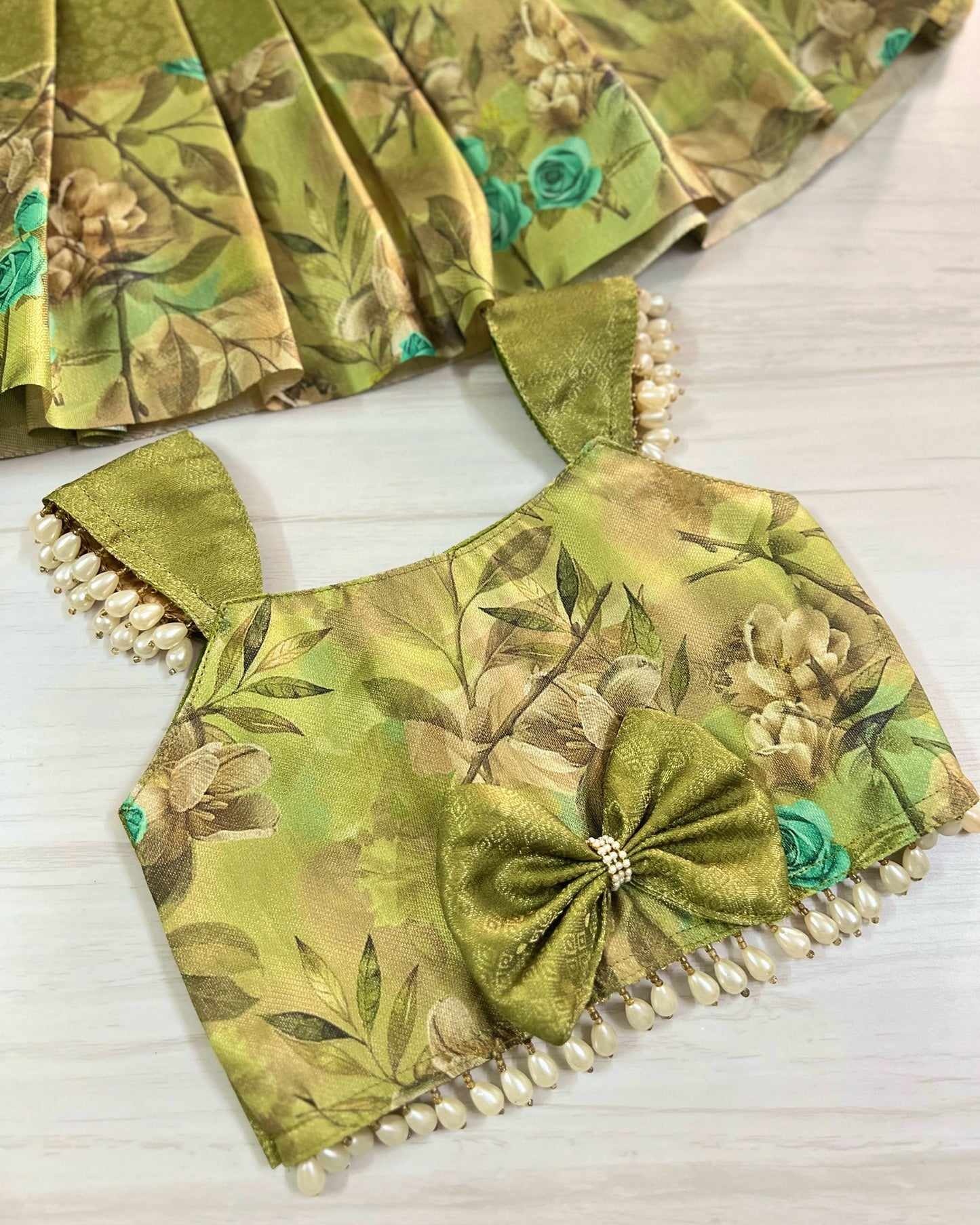 Crisp Olive Leaves Pearl Embellished Lehenga Set | The Silkberry