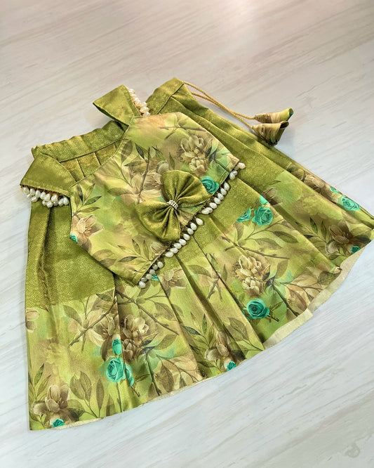 Crisp Olive Leaves Pearl Embellished Lehenga Set | The Silkberry