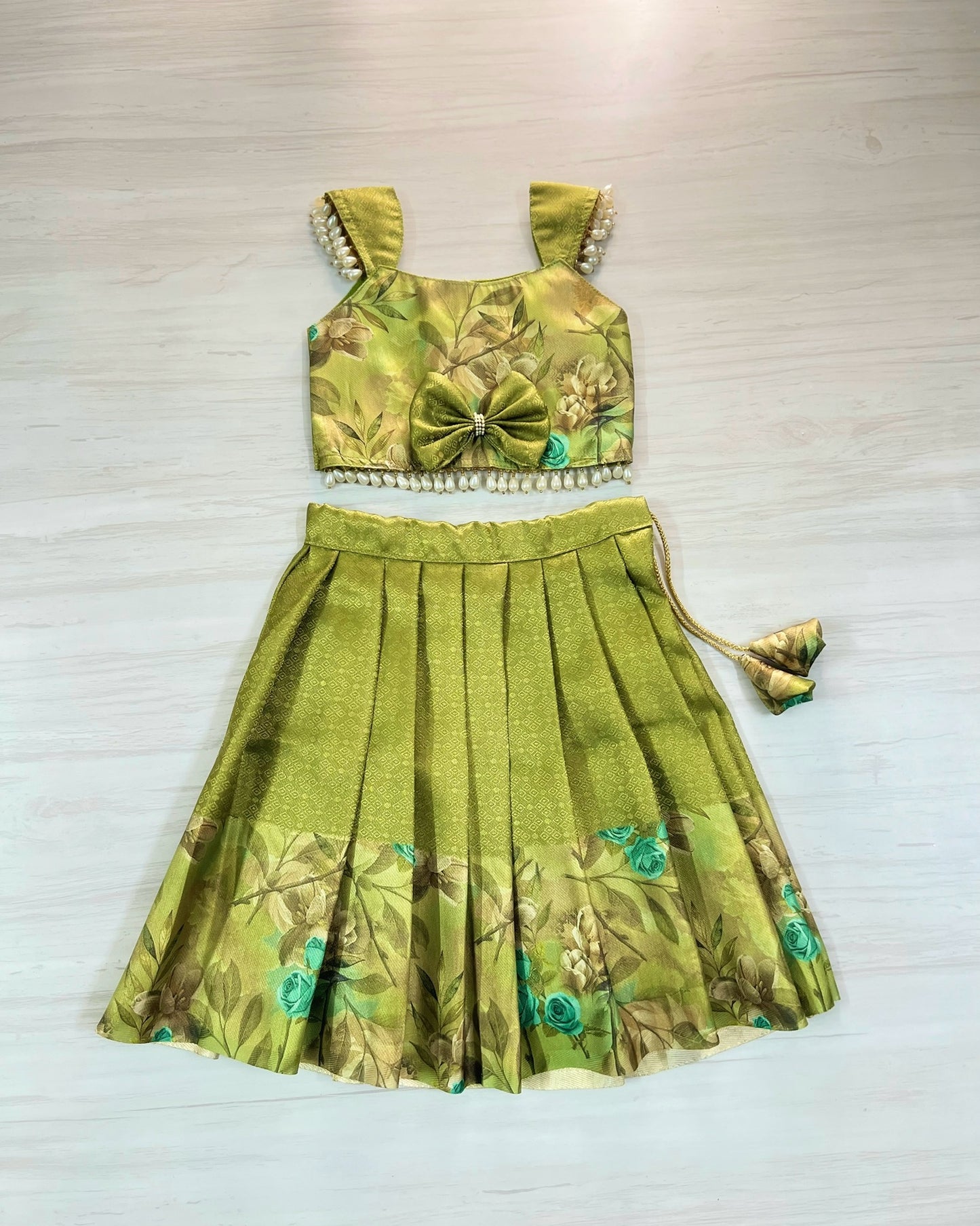 Crisp Olive Leaves Pearl Embellished Lehenga Set | The Silkberry
