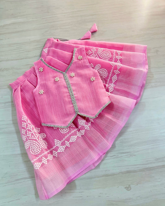 Cuddly Baby Pink Pearl Work Embroidered Lehenga Set | The Silkberry
