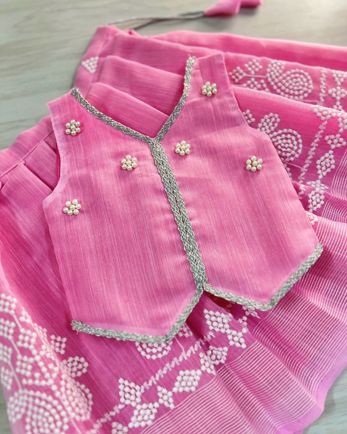 Cuddly Baby Pink Pearl Work Embroidered Lehenga Set | The Silkberry