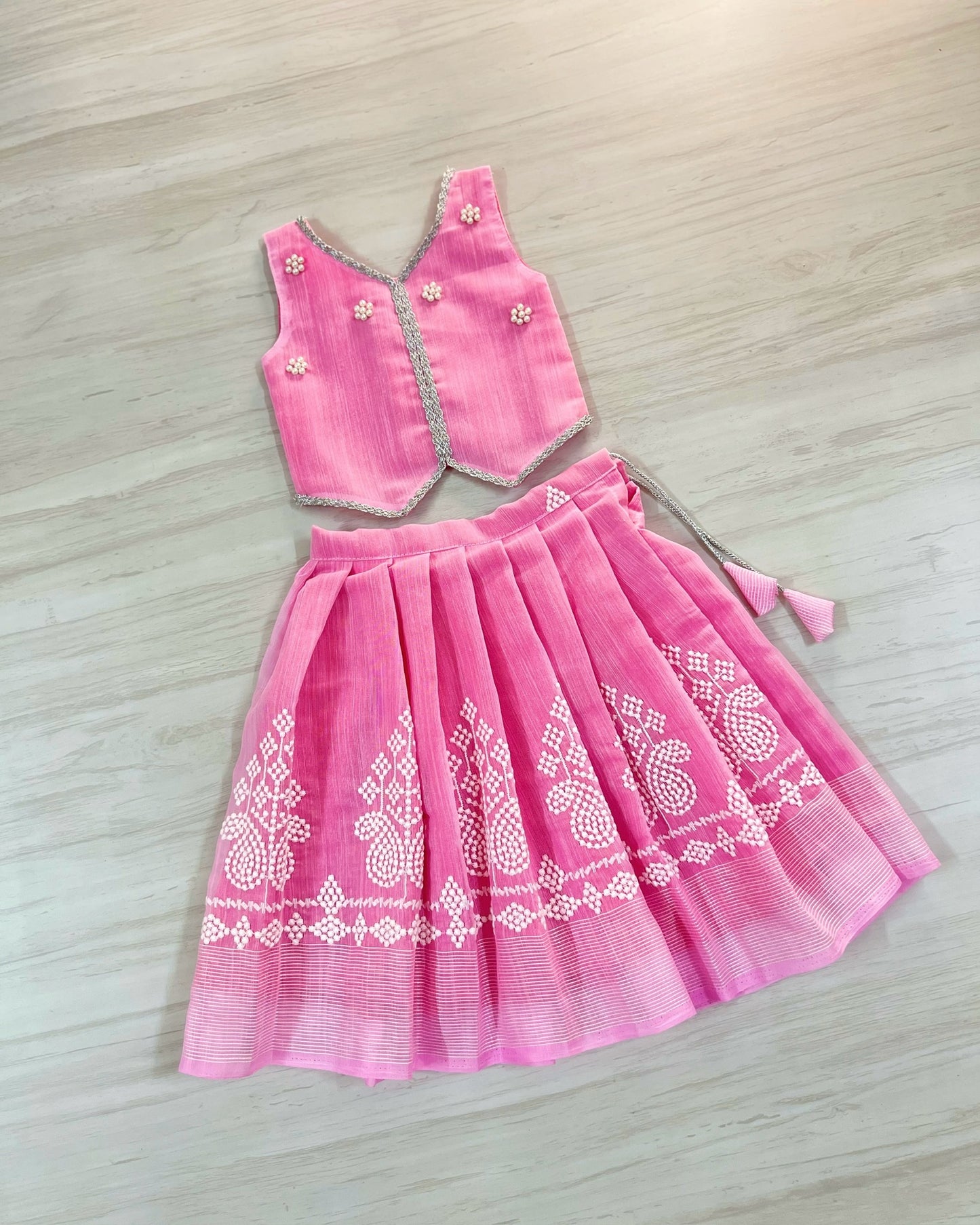 Cuddly Baby Pink Pearl Work Embroidered Lehenga Set | The Silkberry