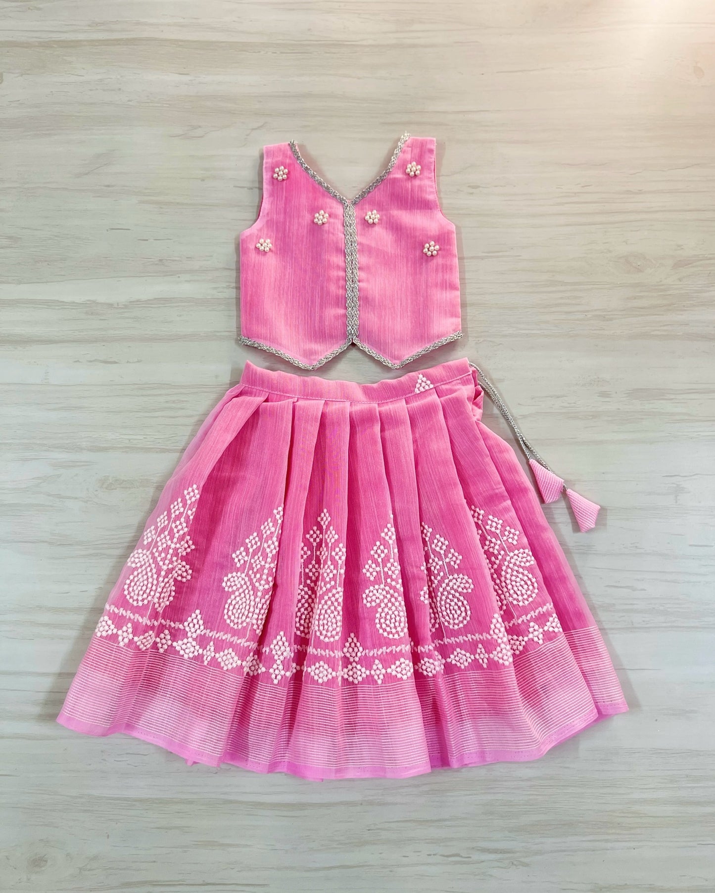 Cuddly Baby Pink Pearl Work Embroidered Lehenga Set | The Silkberry