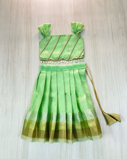 Soft Mint Green Pastel Shade Hanging Pearls Lehenga Set