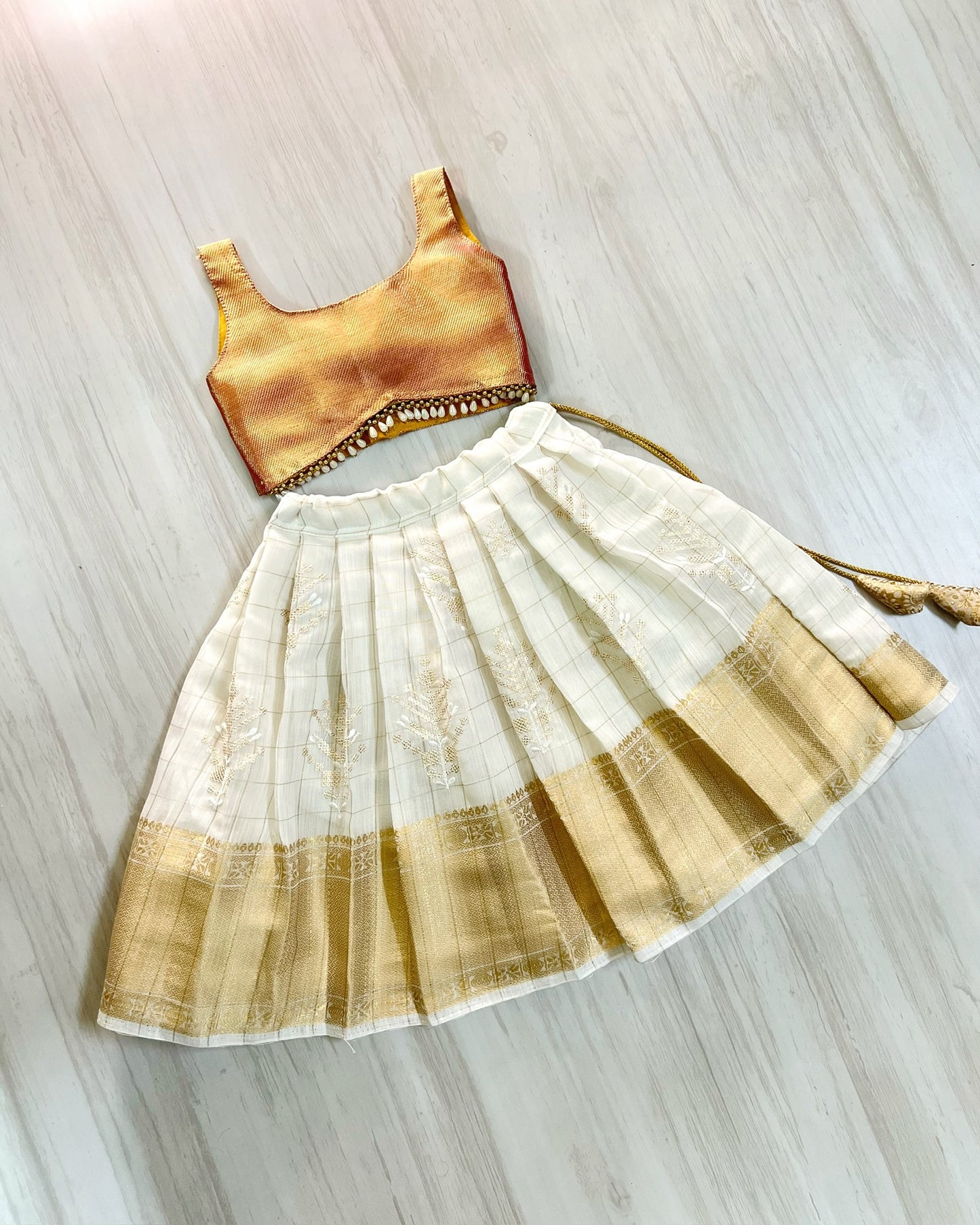 Shimmery Pink Cute Bow Style Silk Top With Premium White Cotton Skirt