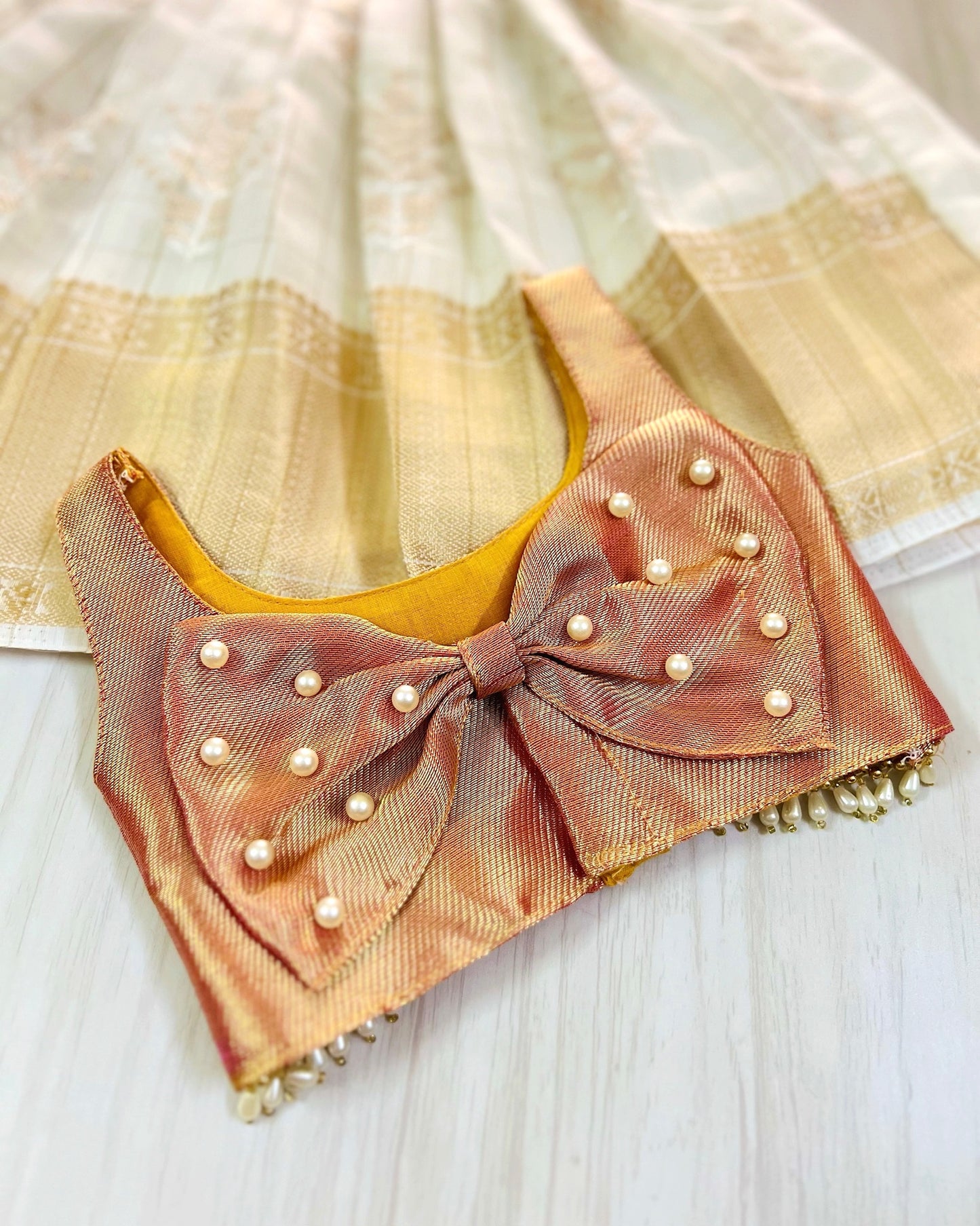 Shimmery Pink Cute Bow Style Silk Top With Premium White Cotton Skirt