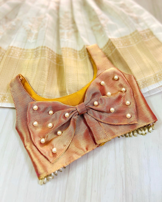 Shimmery Pink Cute Bow Style Silk Top With Premium White Cotton Skirt