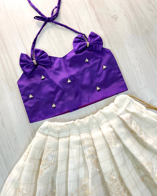 Deep Purple Bow Style Top With Pure Cotton Skirt Lehenga Set