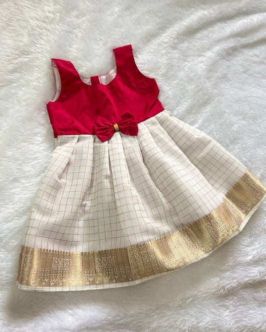 White dark pink bow style frock