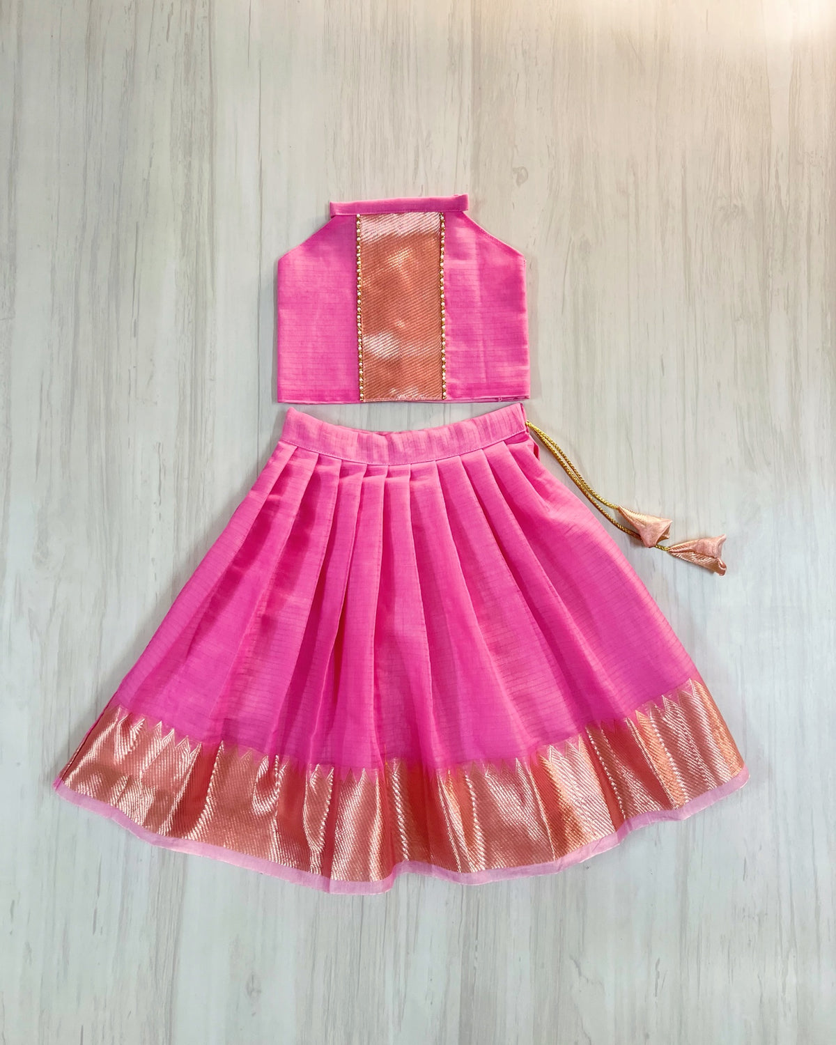 Pink Cherry Blossom Mangalagiri Cotton Halter Neck Lehenga Set