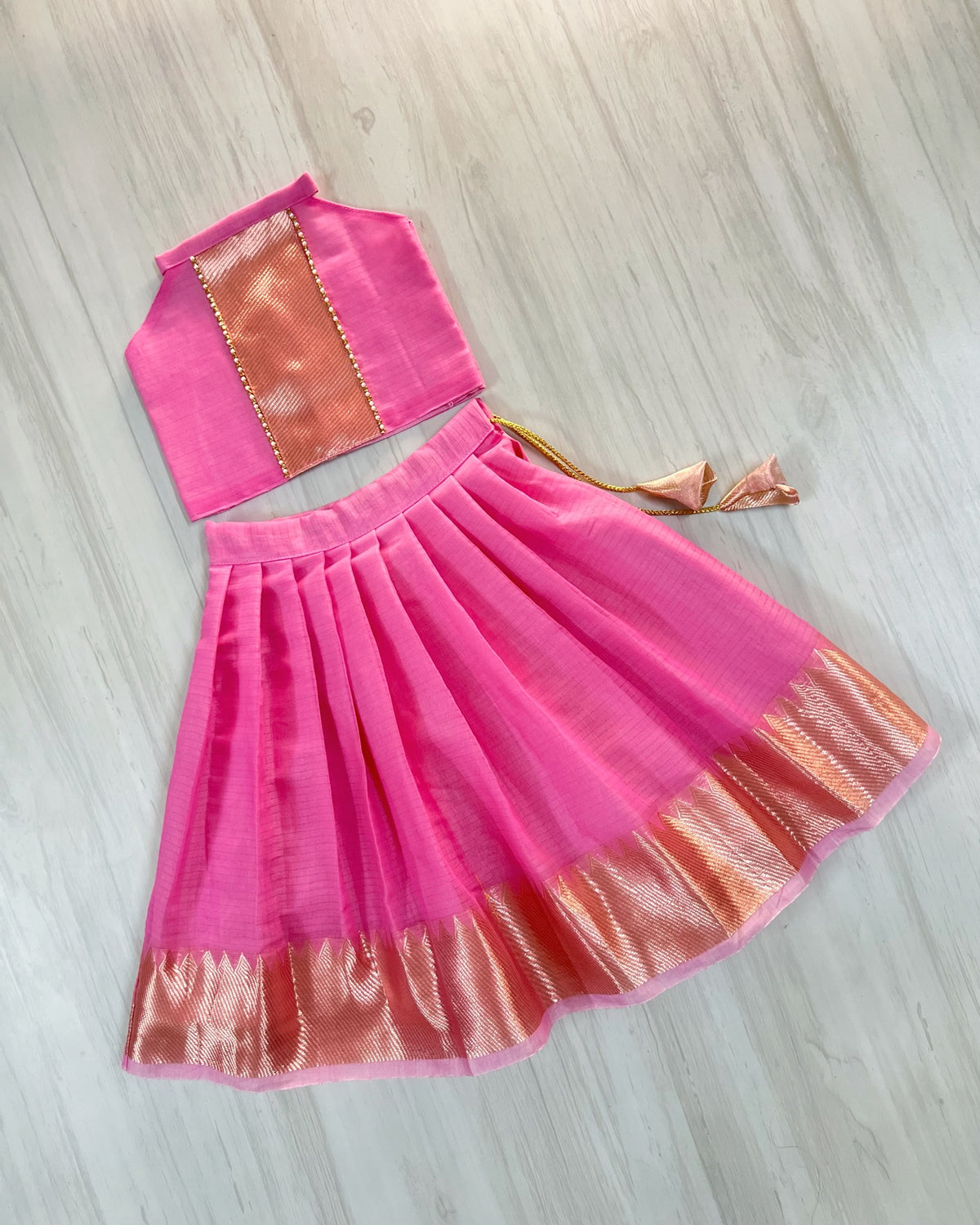 Pink Cherry Blossom Mangalagiri Cotton Halter Neck Lehenga Set