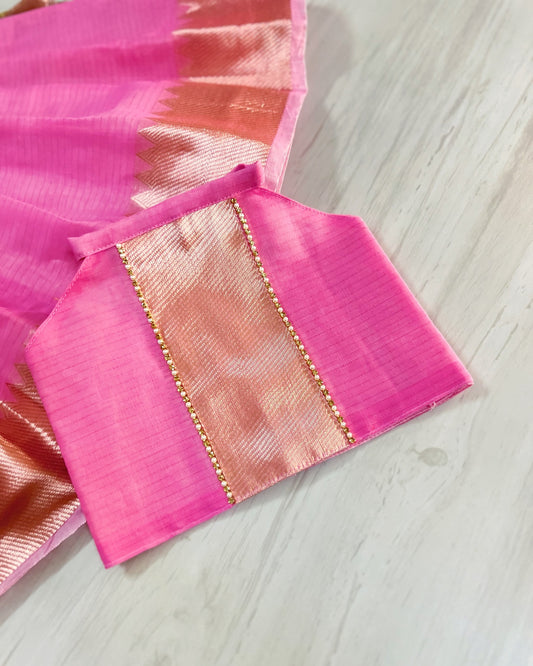 Pink Cherry Blossom Mangalagiri Cotton Halter Neck Lehenga Set