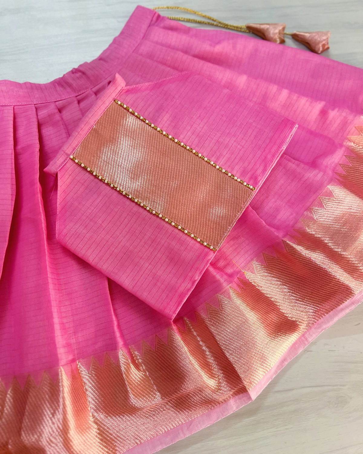 Pink Cherry Blossom Mangalagiri Cotton Halter Neck Lehenga Set