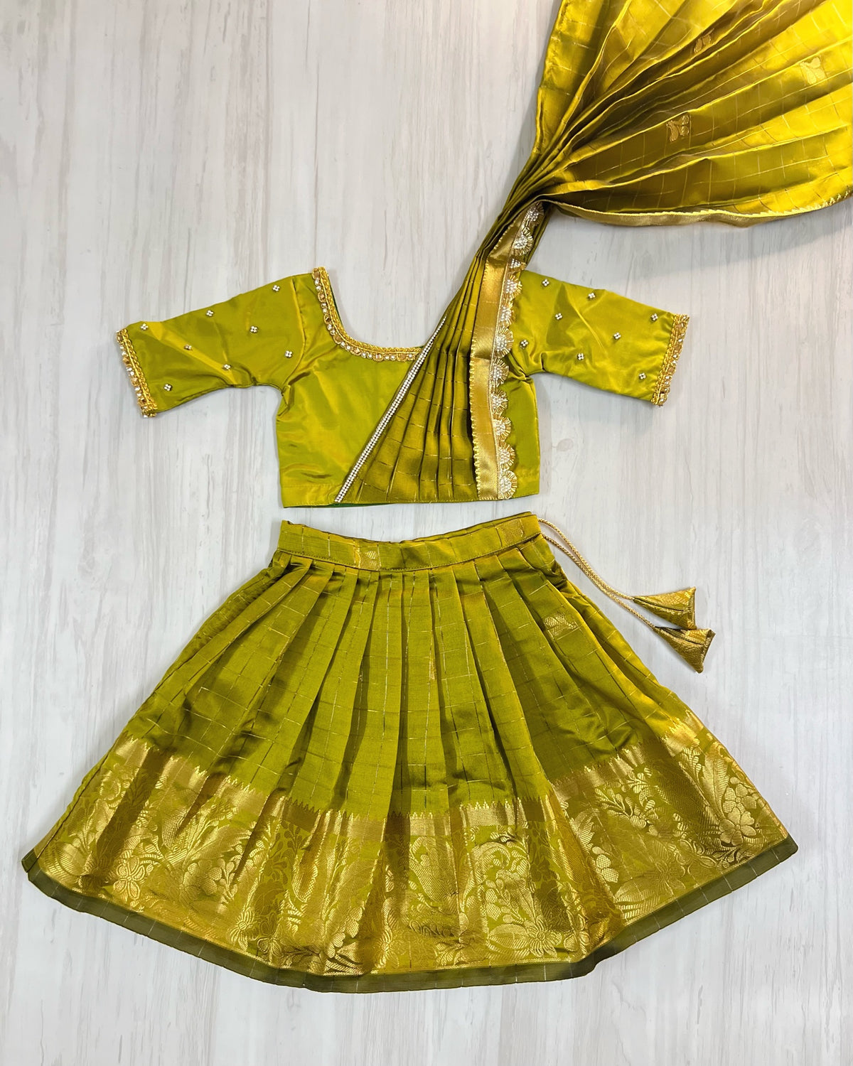 Bright Olive Green Neatly Pleated Traditional Half Saree Set