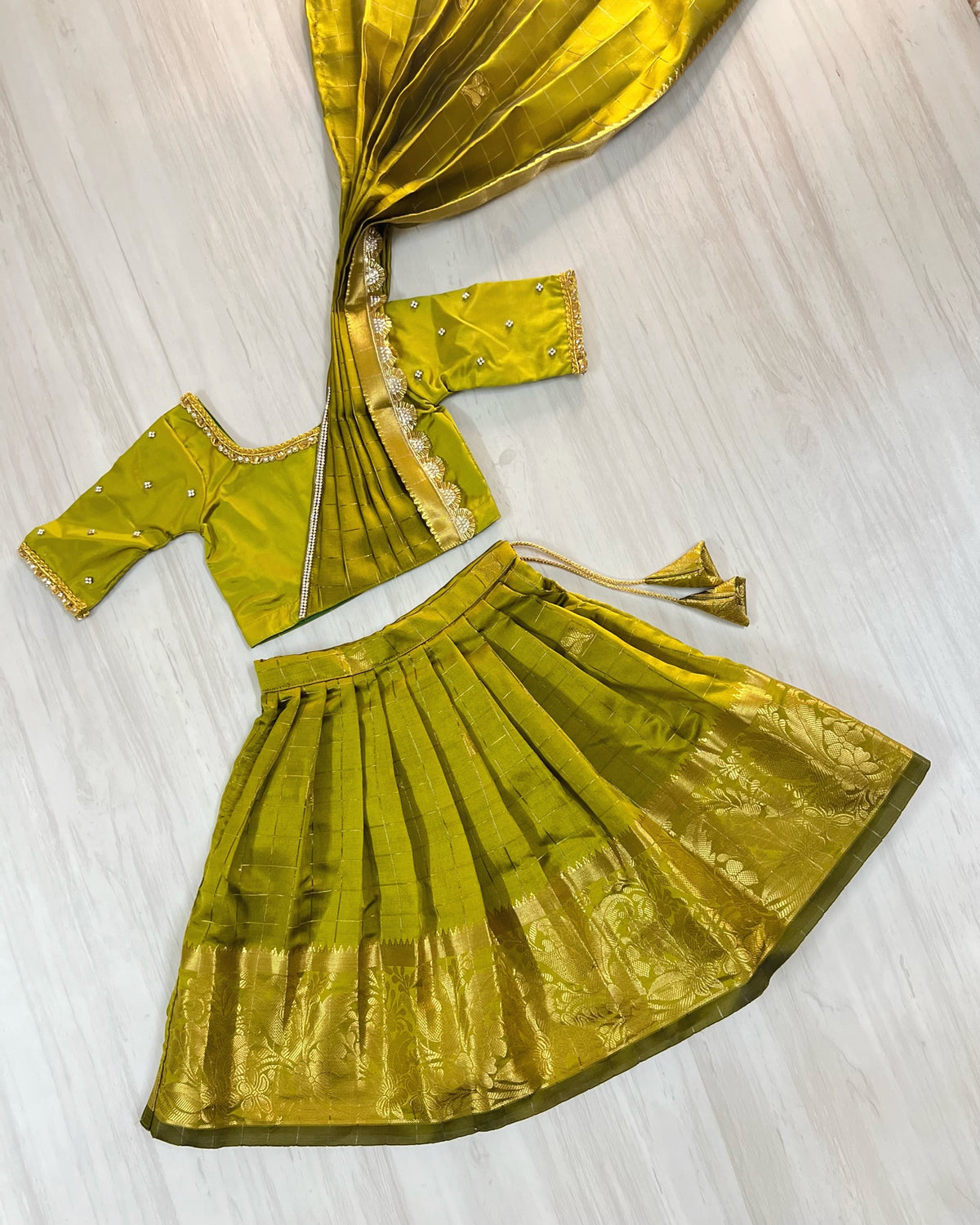 Bright Olive Green Neatly Pleated Traditional Half Saree Set