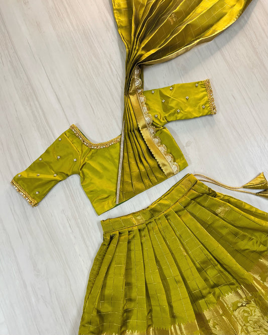 Bright Olive Green Neatly Pleated Traditional Half Saree Set