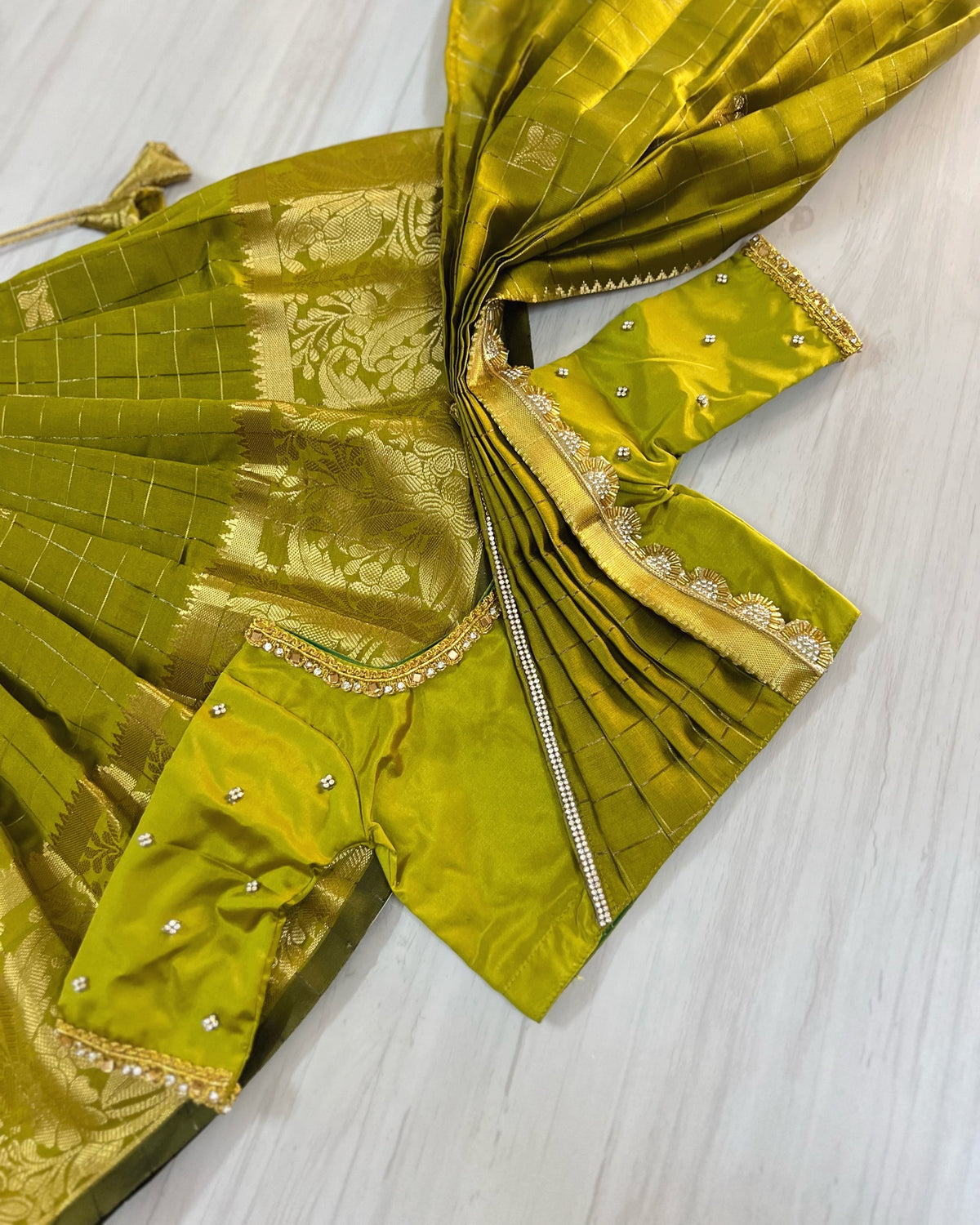 Bright Olive Green Neatly Pleated Traditional Half Saree Set