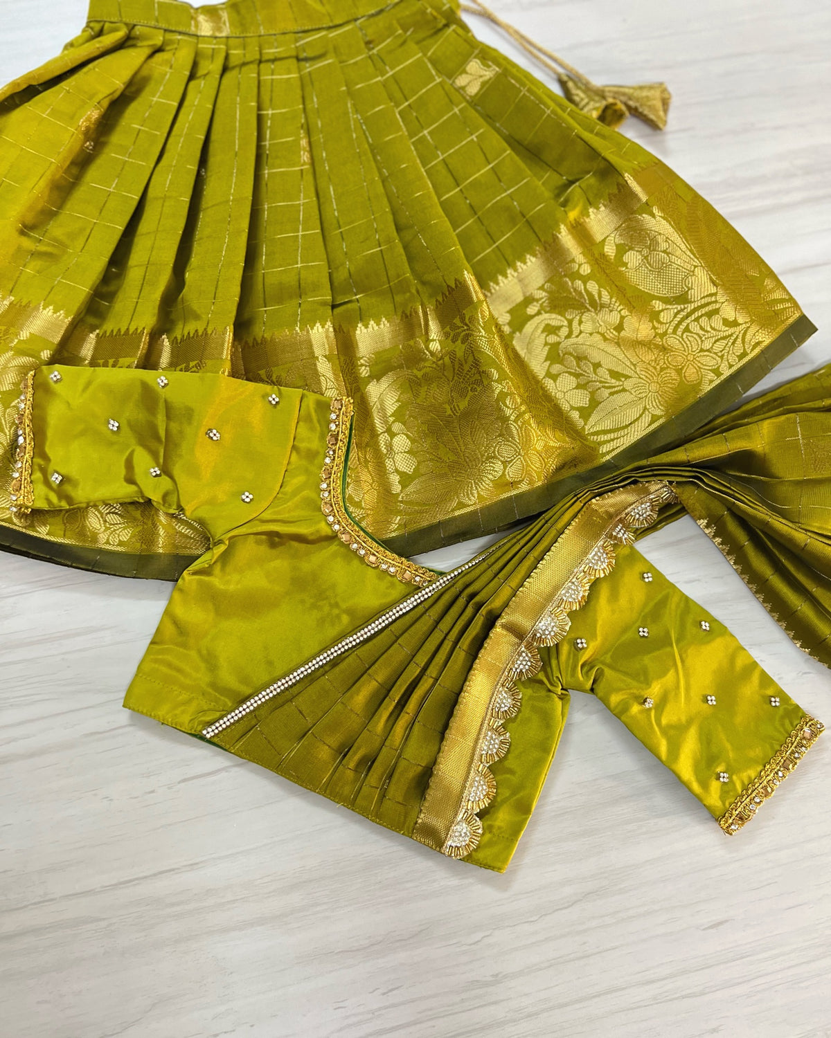 Bright Olive Green Neatly Pleated Traditional Half Saree Set