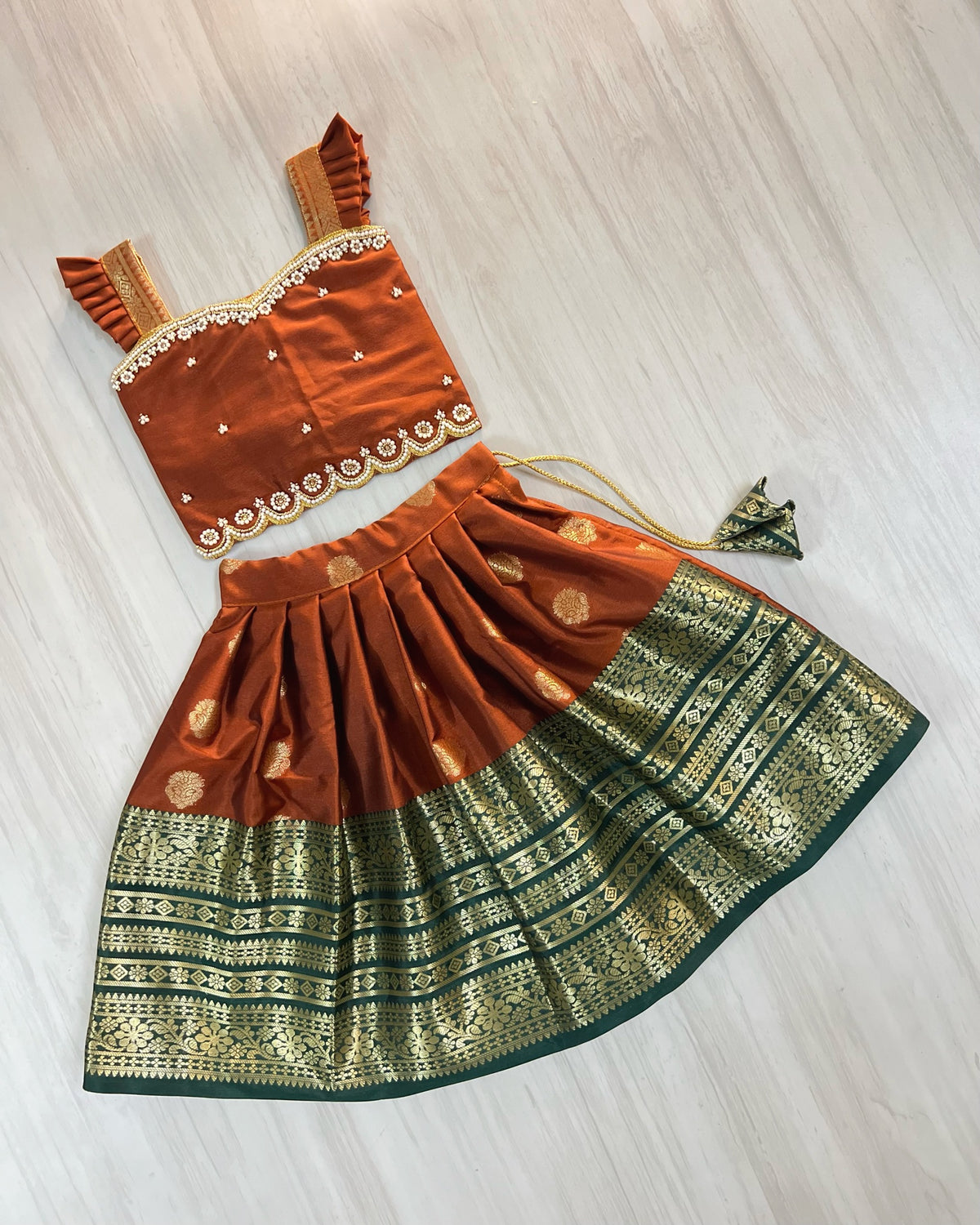 Chestnut Brown With Broad Forest Green Border Aari Work Lehenga Set