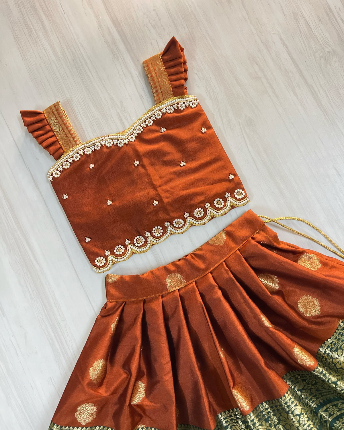 Chestnut Brown With Broad Forest Green Border Aari Work Lehenga Set
